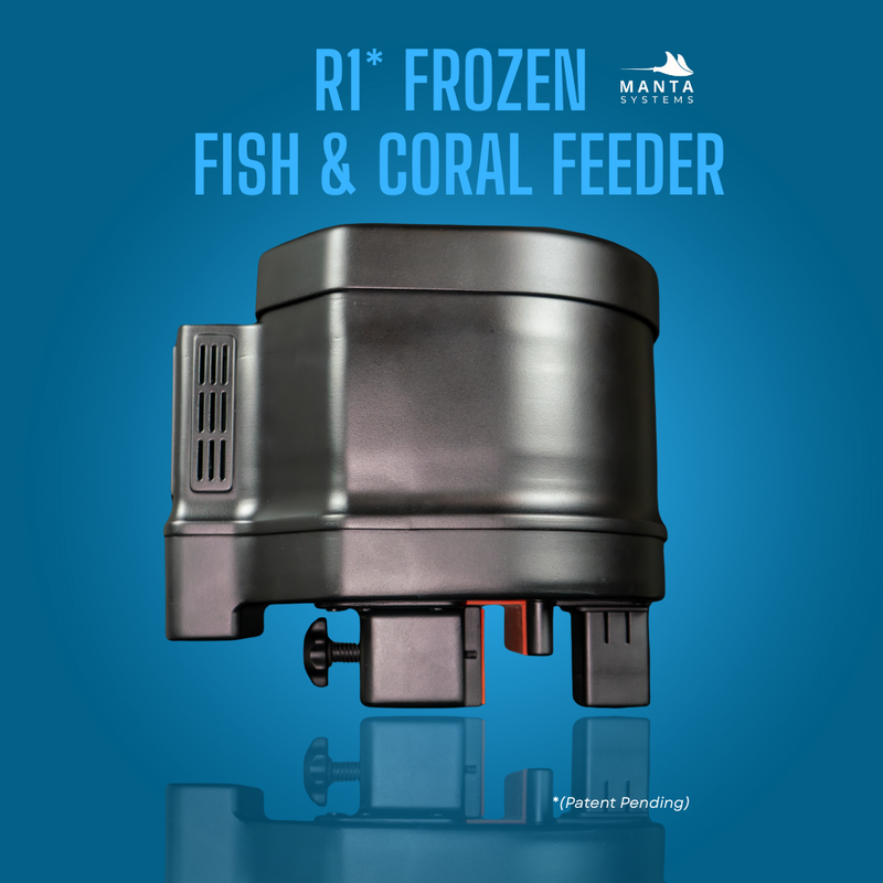 Manta Systems R1 Feeder side view photo on a blue background with the label that says "R1 Frozen Fish & Coral Feeder."
