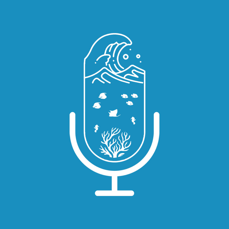 The Tides of Business Podcast logo that shows a white outlined microphone icon with coral, fish, and a wave at the top on a blue background.
