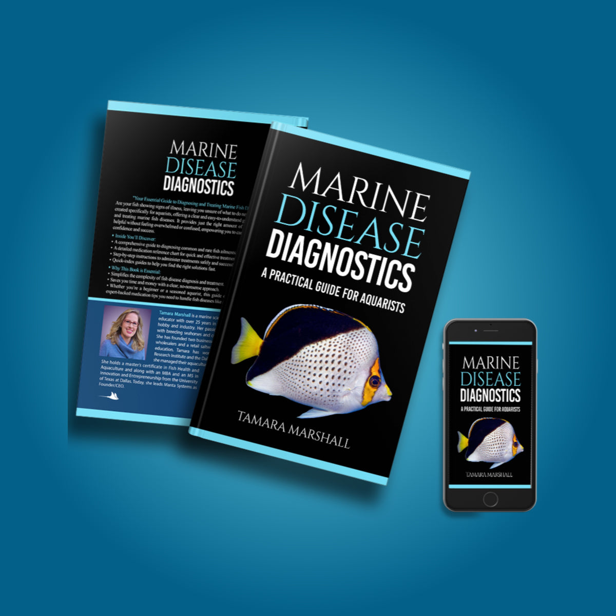 Book titled 'Marine Disease Diagnostics' by Tamara Marshall on a blue background with a smartphone displaying the book cover to signify the eBook availability.